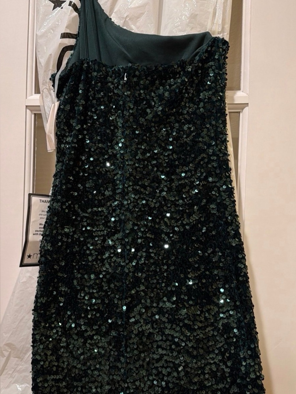 Macy’s Crystal Doll One-Shoulder Emerald Sequin Dress